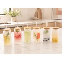 GENERICO - SET DE 6 VASOS EMPAVONADOS CON TAPAS BAMBU Y SORBETES