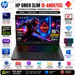 HP - Laptop HP OMEN Slim 16-AN0075CL Intel Core Ultra 9 285H 32GB RAM 1TB RTX 5070 8GB 16" WUXGA W11