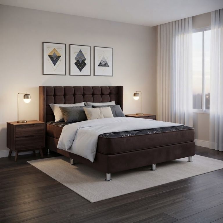 Combo Dormitorio Hypnos Cama King Cuadros Modernos + Colchón Ortopédico