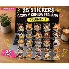 AQUA&MODA - 25 Stickers Gatos Kawaii y Comida Peruana Volumen 1 mas Sticker sorpresa Legendario Holográfico XL