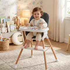 Babykiss - SILLA DE COMER DE MADERA PARA BEBES 5 EN 1 DE LUJO GRIS