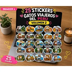 AQUA&MODA - 25 Stickers Gatos Kawaii Viajeros del Perú Volumen 2 mas Sticker sorpresa Legendario Holográfico XL