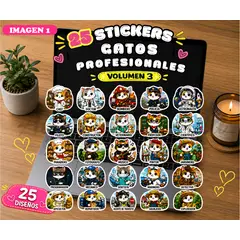 AQUA&MODA - 25 Stickers Gatos Kawaii Profesiones Volumen 3 mas Sticker sorpresa Legendario Holográfico XL