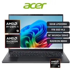 ACER - Laptop Acer Swift Go 16 AI AMD Ryzen 9 465, 32GB RAM, 1TB SSD, 16" WUXGA IPS TACTIL, Windows 11
