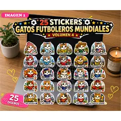 AQUA&MODA - 25 Stickers Gatos Kawaii Futboleros mundial Volumen 4 mas Sticker sorpresa Legendario Holográfico XL