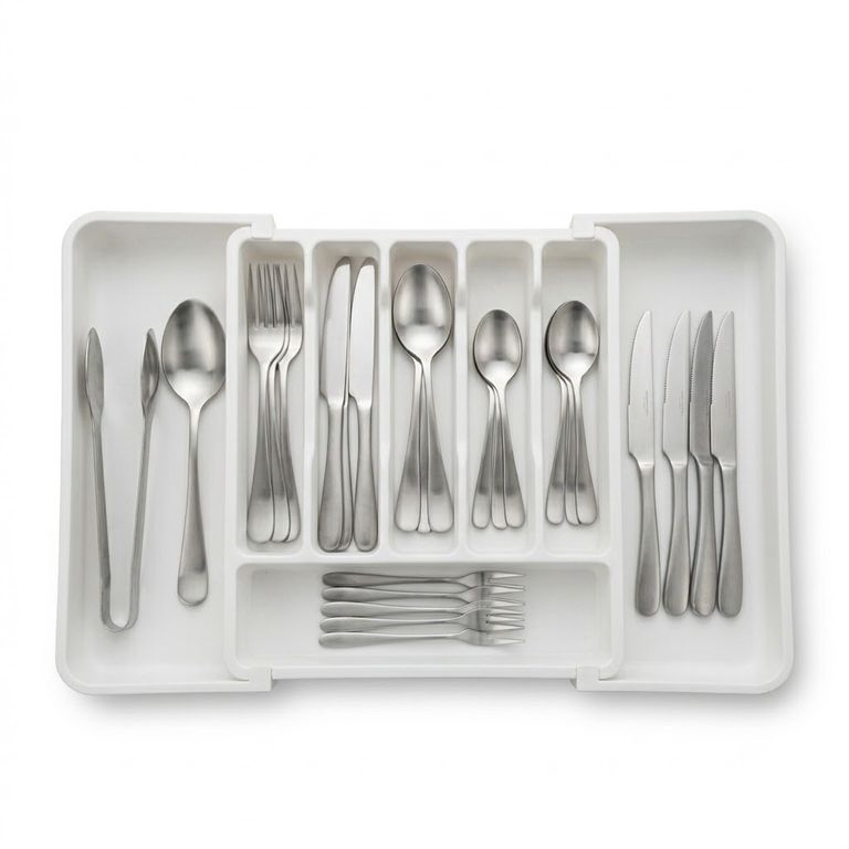 Organizador De Cubiertos Bandeja De Utensilios Ajustable - Blanco