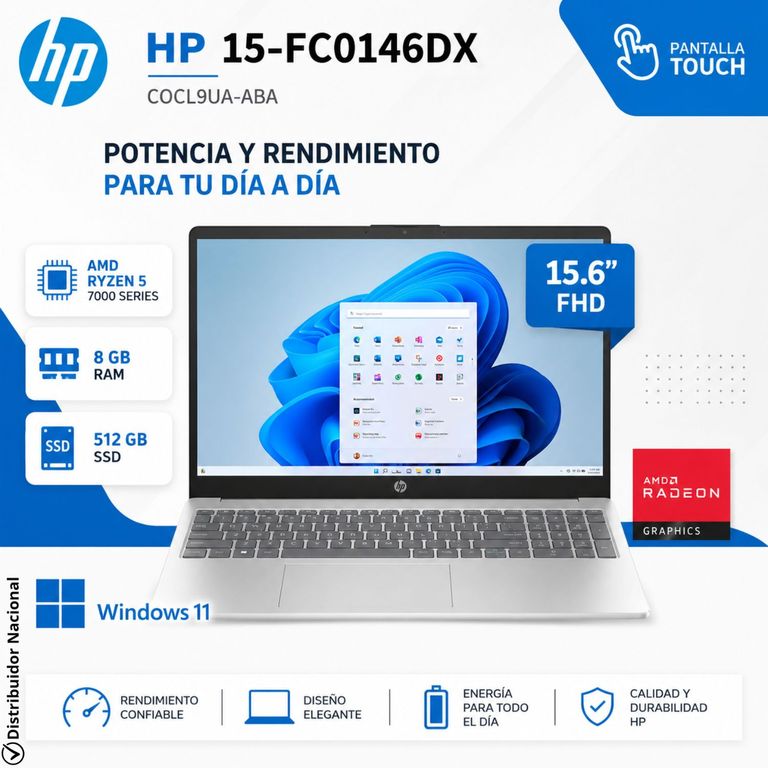 Laptop Notebook HP 15-FC0146DX 15.6" FHD TACTIL AMD Ryzen™ 5 7520U 8GB RAM 512GDB SSD C0CL9UA