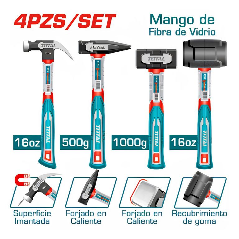 Combo 4 en 1 Martillos con Mango Fibra de Vidrio Total THCH6004