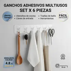GENERICO - Set De 6 Ganchos Adhesivos Multiuso Perchero Para Baño, Cocina y Hogar