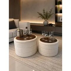 GENERICO - Set de 2 mesas centros tapizado Bouclé con Tapa de Mesa en Madera