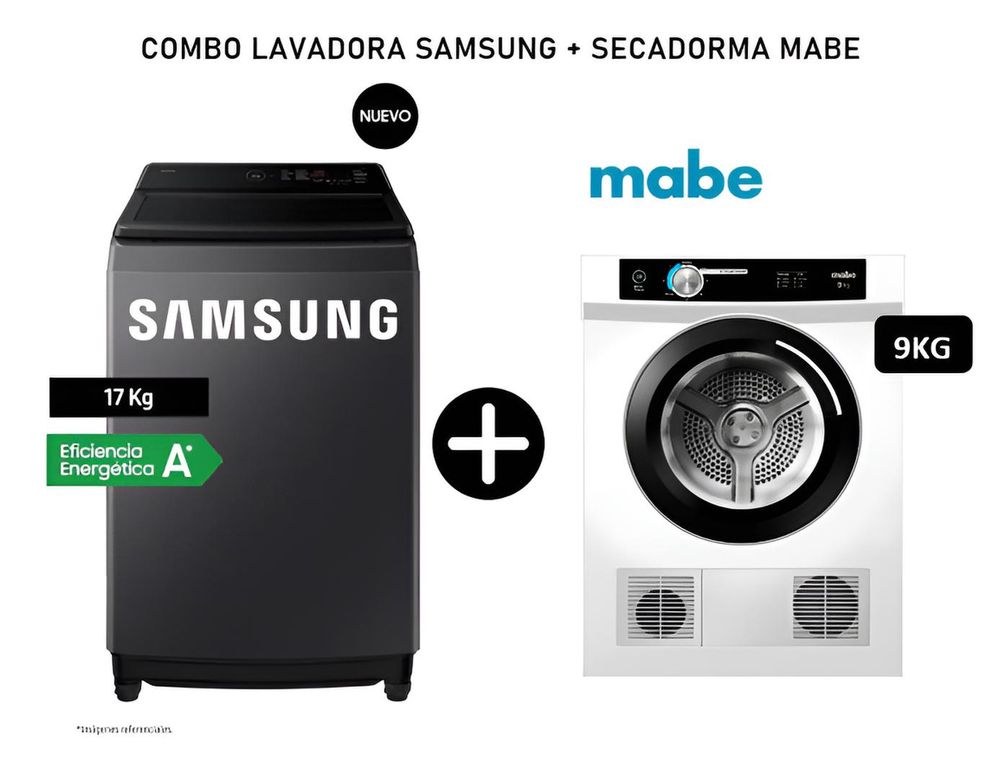 Lavadora Samsung Ecobubble 17kg Grafito Wa40f17e7cpe + Secadora Mabe eléctrica 9KG