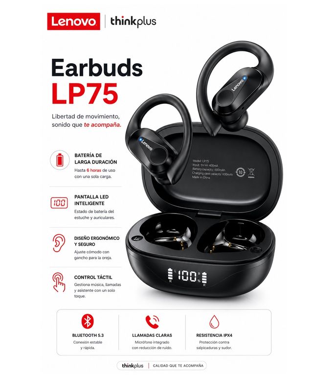 Audifonos inalámbricos LENOVO LP75 THINKPLUS BT 5.3 BASS 13mm IPX5 SPORT, GAMING BLACK