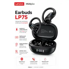 LENOVO - Audifonos inalámbricos LENOVO LP75 THINKPLUS BT 5.3 BASS 13mm IPX5 SPORT, GAMING BLACK