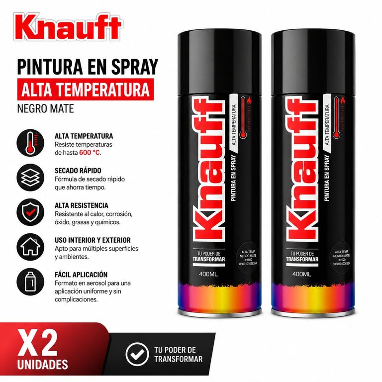 Pintura En Spray Knauff Alta Temperatura 400 ml Pack 2 UND Negro Mate 600°C
