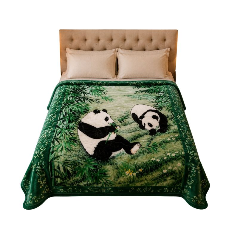 Frazada Terciopelo reverso Carnero Verde agua I Diseño Oso Panda I 2 Plazas I 4 Kilos