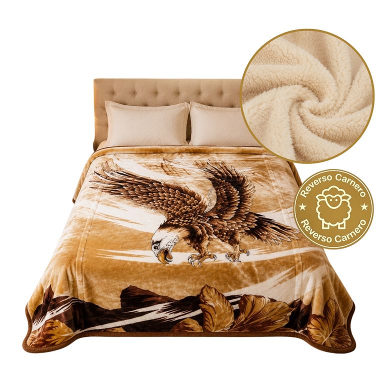 Frazada Terciopelo reverso Carnero Beige I Diseño: Aguila I 2 Plazas I 4 Kilos