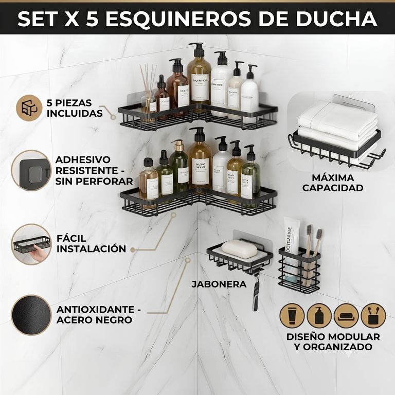 Pack x5 Repisas Organizadoras Para Ducha de Metal Resistente Inoxidables