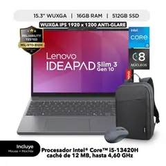 LENOVO - IdeaPad Slim 3, 15.3 WUXGA IPS, Core i5-13420H 4.6GHz, 16GB DDR5, 512GB SSD M.2 + MOCHILA + MOUSE