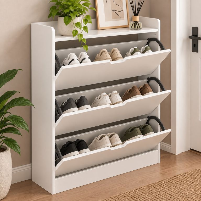 Zapatera Blanca Moderna 4 Niveles Tipo Abatible Para Hogar