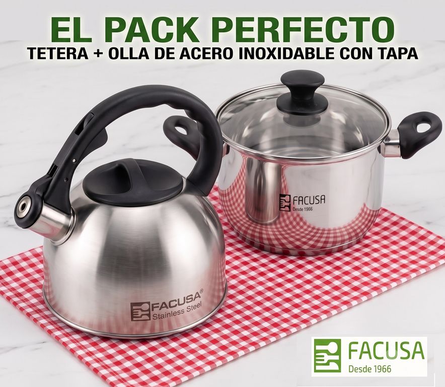 Pack Cocina Clásica Facusa Tetera Silbadora + Olla de Acero Inoxidable