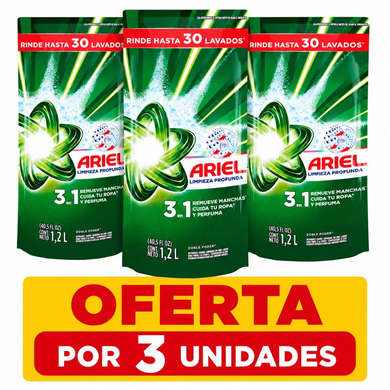 ARIEL LIQUIDO DOBLE PODER 1.2L DOYPACK X 3 UNIDADES
