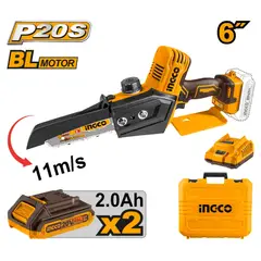INGCO TOOLS - MINI MOTOSIERRA INGCO 20V 6" 15CM 11M/S + 2 BATERÍAS 2.0AH + CARGADOR CGSLI20686