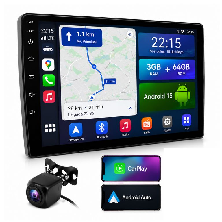 Autoradio Android 10Pulg Carplay & Android Wifi +Camara AHD