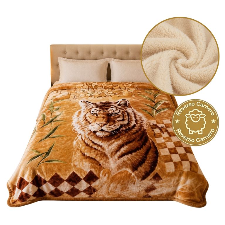 Frazada Terciopelo reverso Carnero Beige I Diseño Tigre beige I 2 Plazas I 4 Kilos