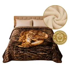 TRUELOVE - Frazada Terciopelo reverso Carnero Beige I Diseño: Tigre Marrón I 2 Plazas I 4 Kilos