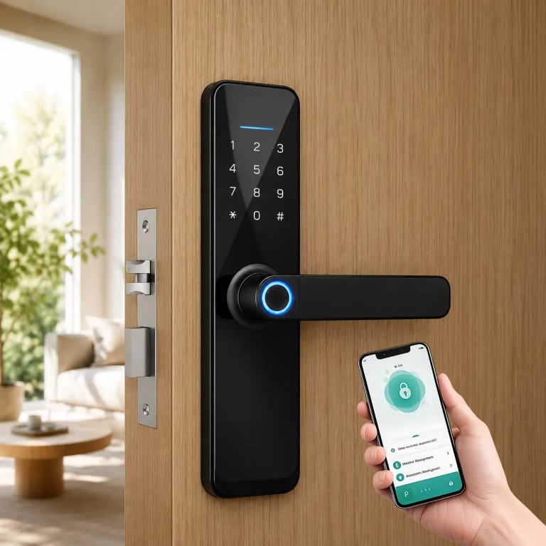 Cerradura Inteligente WiFi Tuya con Huella Digital, Código y Tarjeta Cristal Templado