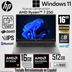 HP - Laptop HP 200 G2a AMD Ryzen 7 250 16GB RAM 512GB SSD 16"  WUXGA Plata Meteoro - D61MFLT