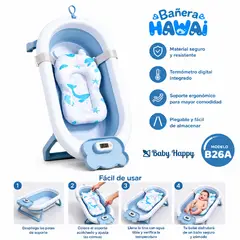 BABY HAPPY - Bañera Plegable con Cojín Ergonómico y Termómetro Digital Modelo B26A