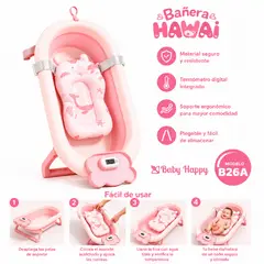 BABY HAPPY - Bañera Plegable con Cojín Ergonómico y Termómetro Digital  B26A Rosado