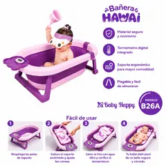 BABY HAPPY - Bañera Plegable con Cojín Ergonómico y Termómetro Digital  B26A Morado