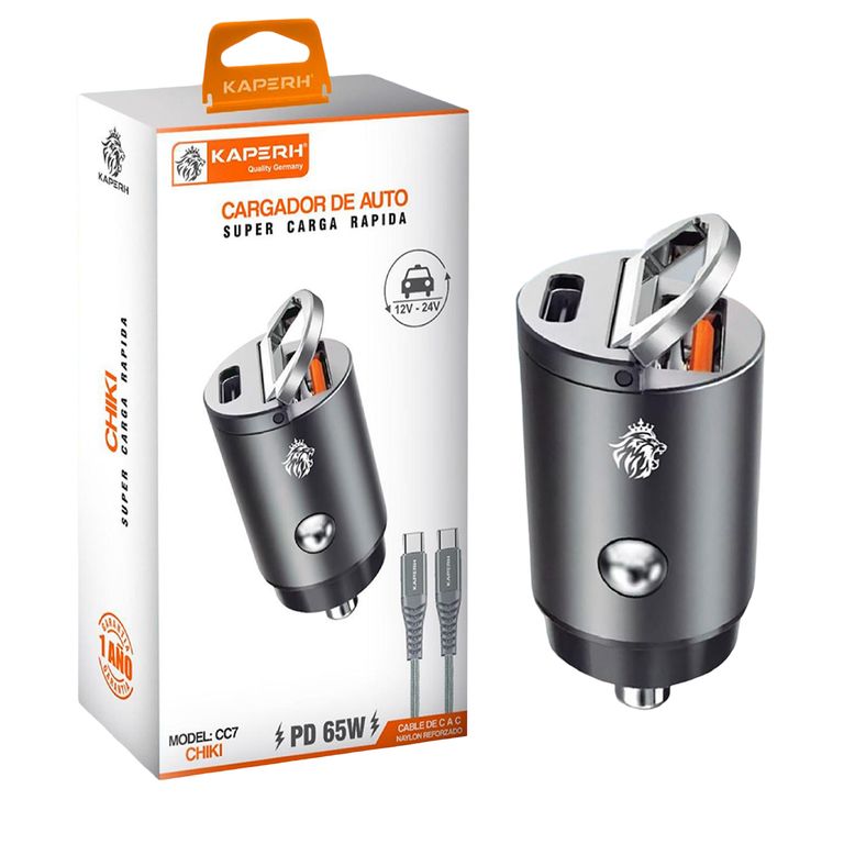 Cargador De Auto 65W Carga Rápida USB y Tipo C