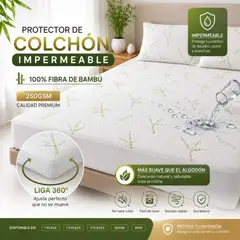 GENERICO - Protector de Colchón Impermeable Premium 100% Fibra de Bambú I Liga 360°
