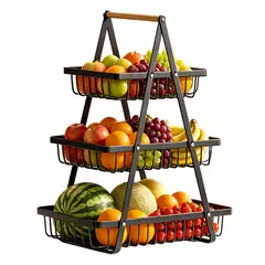 TIGERBEE - Canasta frutera negra 3 niveles, con asa de madera, para frutas y verduras