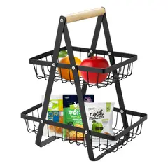 TIGERBEE - Canasta frutera negra 2 niveles, con asa de madera, para frutas y verduras