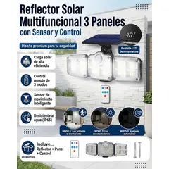 GENERICO - LAMPARA REFLECTOR PARA EXTERIORES TRIPLE CABEZAL PANEL SOLAR CON SENSOR DE MOVIMIENTO MOD FL1725A