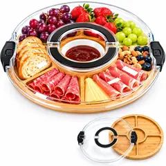 ELMEJORPRECIO - Bandeja Redonda de Bambú con Tapa PET Negro