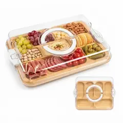 ELMEJORPRECIO - Bandeja Rectangular de Bambú con Tapa y Divisiones Blanco