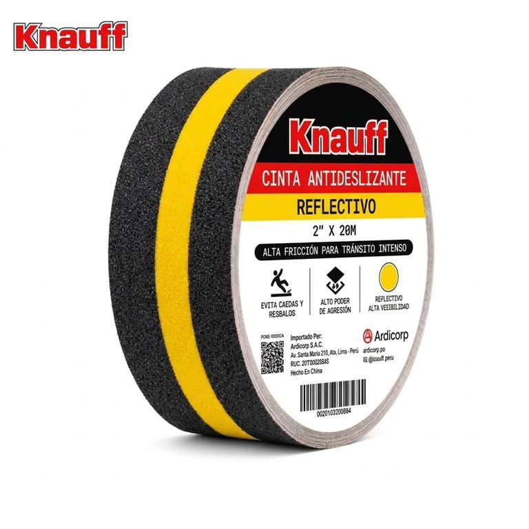 Cinta 20 mt Antiderrapante Antideslizante Negro con Amarillo Reflectivo 50mm KNAUFF