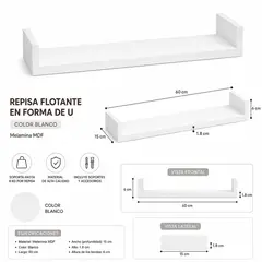 GENERICO - Repisa Flotante en U Blancas 60x15 X1.8 cm de Melamina MDF