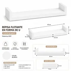 GENERICO - Repisa Flotante en U Blancas 60x15 X 3.6 cm de Melamina MDF