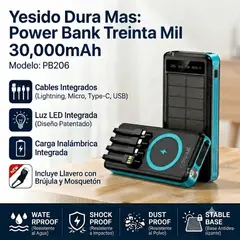 YESIDO - Power Bank Solar Yesido 30000mAh con Cables Integrados, Carga Rápida y Linterna LED