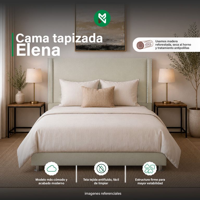 Cama tapizada Elena - 1.5 plz - Beige Claro