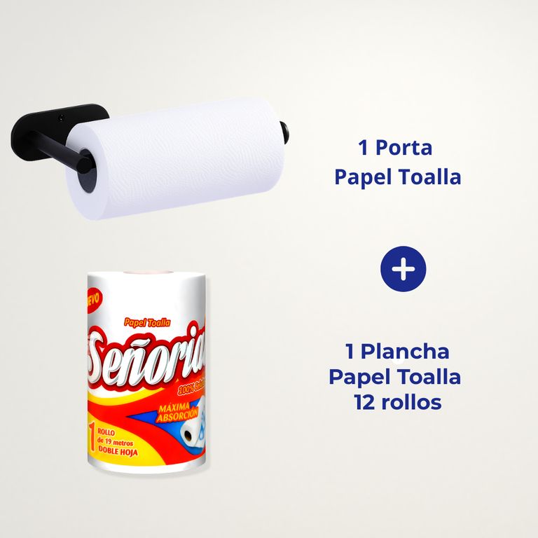 Combo de Cocina Moderno – Porta Papel Toalla Negro Mate + 1 Plancha de Papel Toalla Señorial