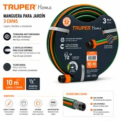 Truper - Manguera Para Jardín Truper Home 10 Metros 1/2 Pulgada 3 Capas Anti Torceduras