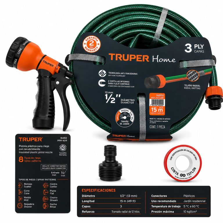 Kit Manguera Para Jardín Truper Home 15 Metros 1/2 Pulgada 3 Capas Con Pistola De Riego 8 Funciones