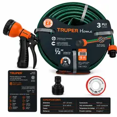 Truper - Kit Manguera Para Jardín Truper Home 15 Metros 1/2 Pulgada 3 Capas Con Pistola De Riego 8 Funciones